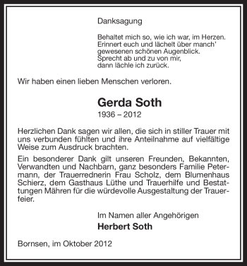 Traueranzeige von Gerda Soth von Uelzen