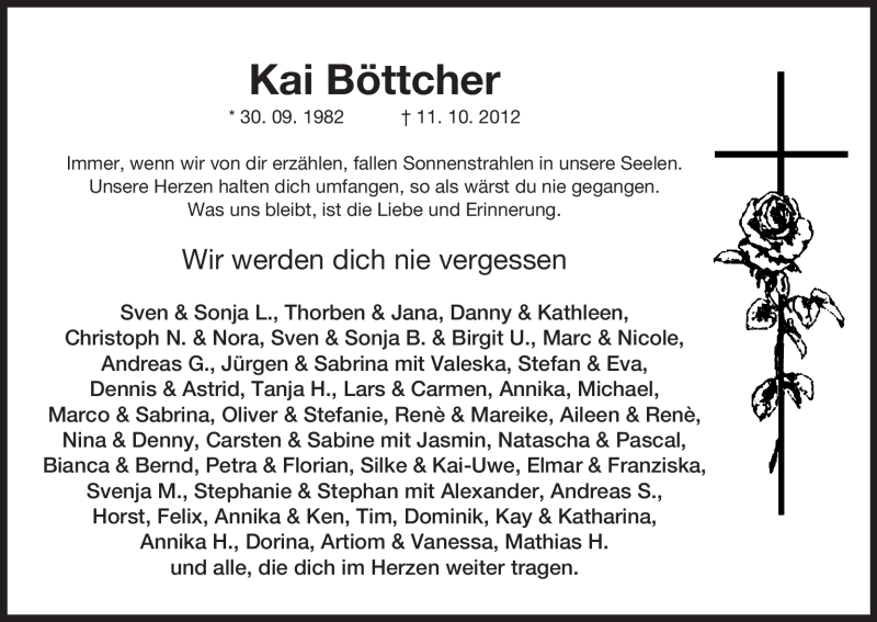  Traueranzeige für Kai Böttcher vom 16.10.2012 aus Uelzen