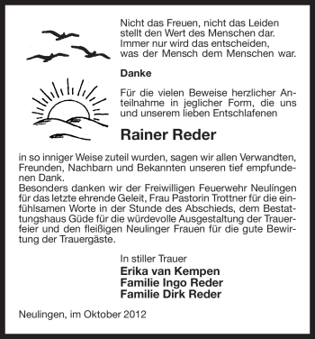 Traueranzeige von Rainer Reder von Uelzen