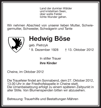 Traueranzeige von Hedwig Böse von Uelzen