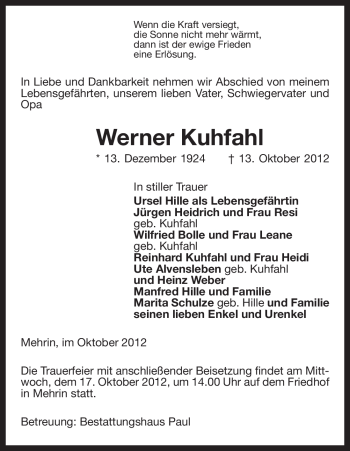 Traueranzeige von Werner Kuhfahl von Uelzen