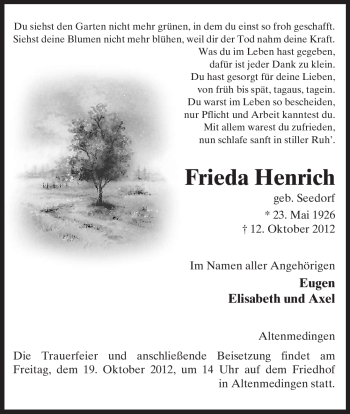 Traueranzeige von Frieda Henrich von Uelzen