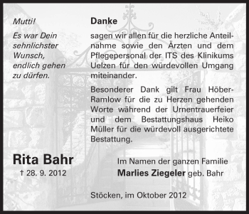 Traueranzeige von Rita Bahr von Uelzen