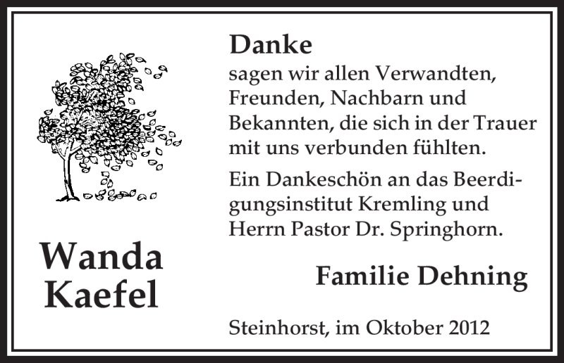  Traueranzeige für Wanda Kaefel vom 20.10.2012 aus Uelzen