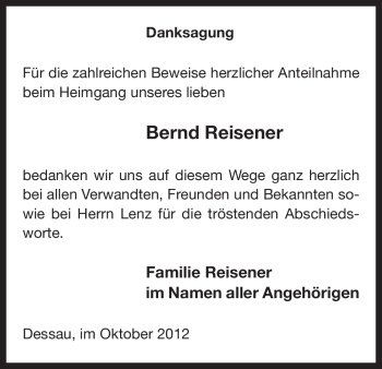 Traueranzeige von Bernd Reisener von Uelzen