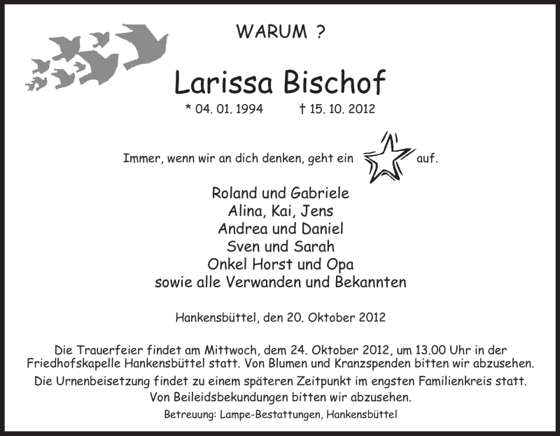  Traueranzeige für Larissa Bischof vom 20.10.2012 aus Uelzen