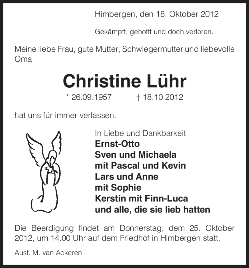  Traueranzeige für Christine Lühr vom 20.10.2012 aus Uelzen