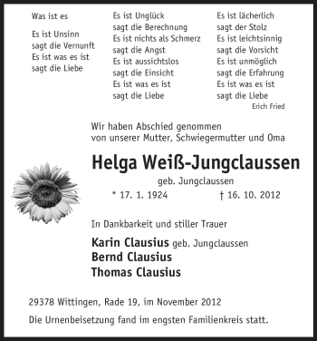 Traueranzeige von Helga Weiß-Jungclaussen von Uelzen