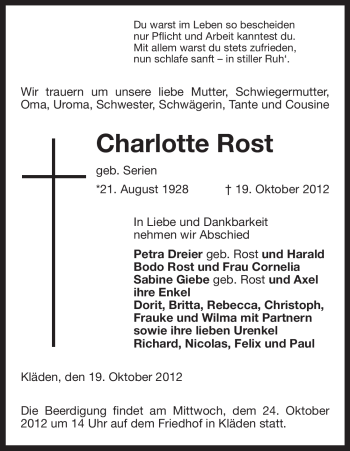 Traueranzeige von Charlotte Rost von Uelzen