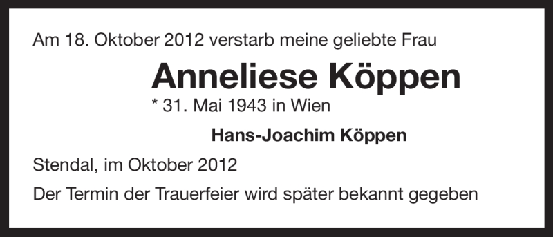  Traueranzeige für Anneliese Köppen vom 20.10.2012 aus Uelzen