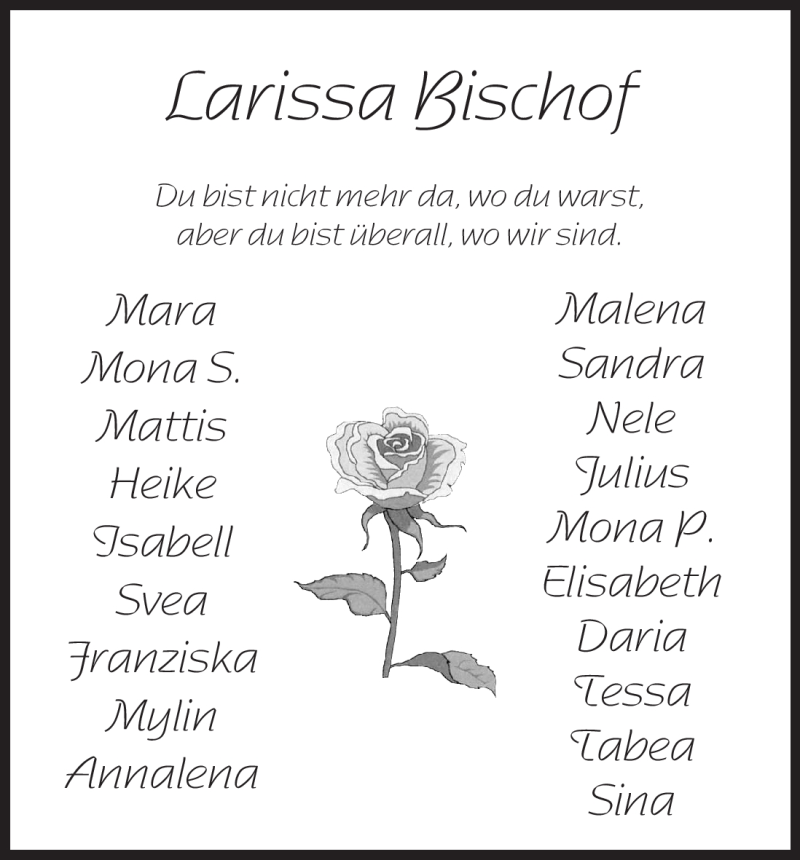  Traueranzeige für Larissa Bischof vom 23.10.2012 aus Uelzen
