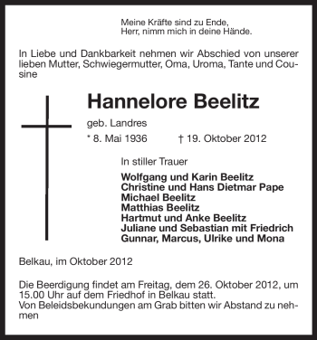 Traueranzeige von Hannelore Beelitz von Uelzen