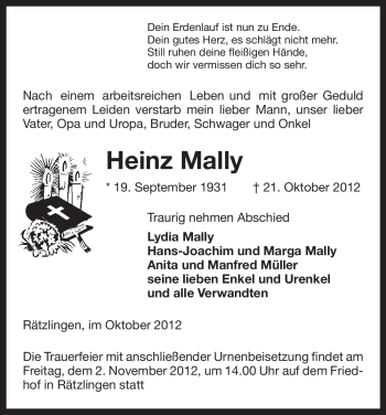 Traueranzeige von Heinz Mally von Uelzen