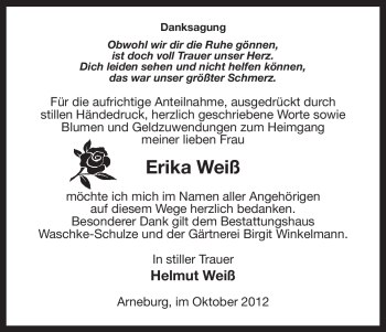 Traueranzeige von Erika Weiß von Uelzen