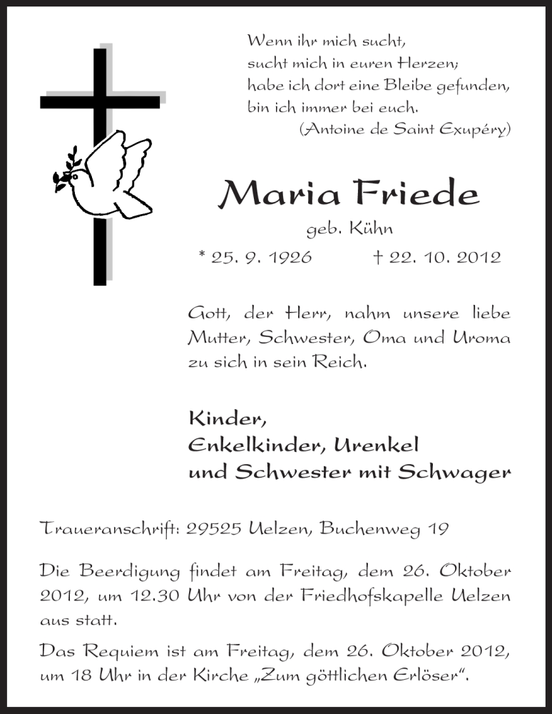  Traueranzeige für Maria Friede vom 24.10.2012 aus Uelzen
