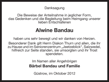 Traueranzeige von Alwine Bandau von Uelzen