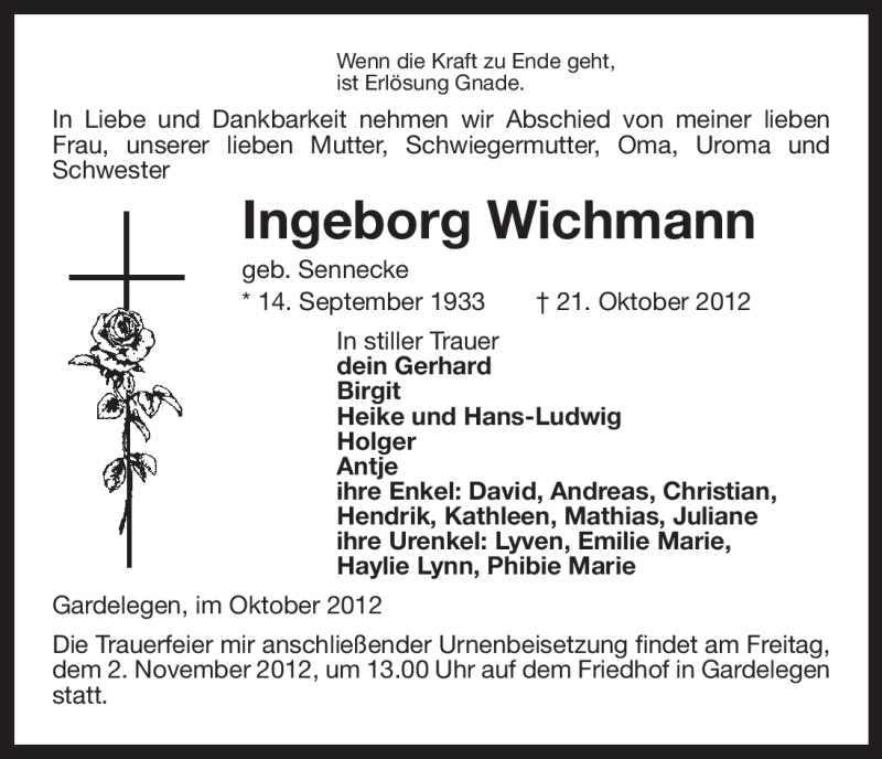  Traueranzeige für Ingeborg Wichmann vom 25.10.2012 aus Uelzen