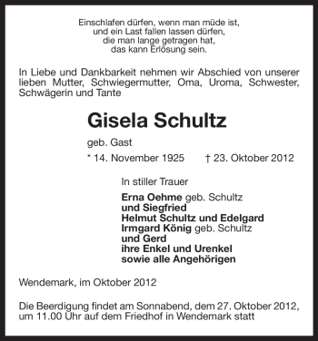 Traueranzeige von Gisela Schultz von Uelzen