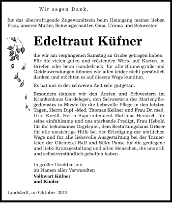 Traueranzeige von Edeltraut Küfner von Uelzen