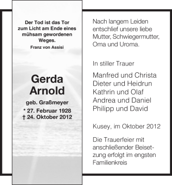 Traueranzeige von Gerda Arnold von Uelzen