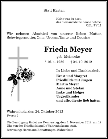 Traueranzeige von Frieda Meyer von Uelzen