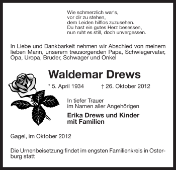 Traueranzeige von Waldemar Drews von Uelzen