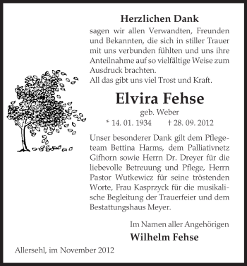 Traueranzeige von Elvira Fehse von Uelzen