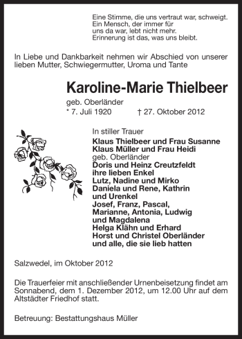 Traueranzeige von Karoline-Marie Thielbeer von Uelzen