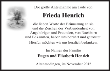 Traueranzeige von Frieda Henrich von Uelzen