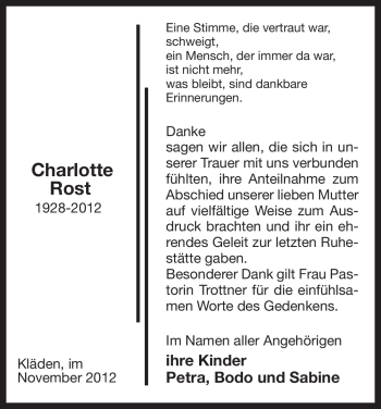 Traueranzeige von Charlotte Rost von Uelzen