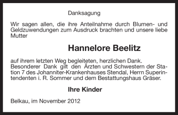 Traueranzeige von Hannelore Beelitz von Uelzen