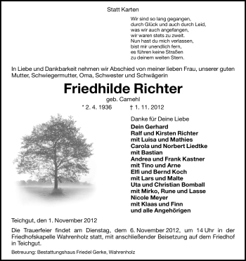 Traueranzeige von Friedhilde Richter von Uelzen