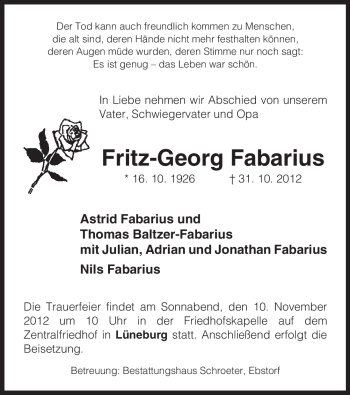 Traueranzeige von Fritz-Georg Fabarius von Uelzen