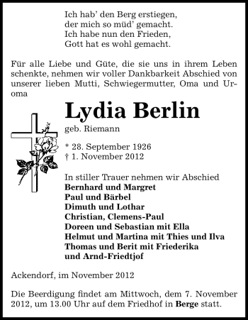 Traueranzeige von Lydia Berlin von Uelzen