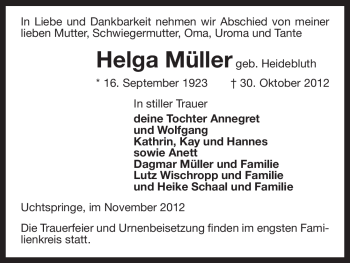 Traueranzeige von Helga Müller von Uelzen