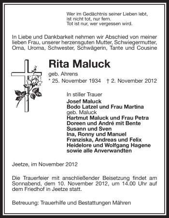 Traueranzeige von Rita Maluck von Uelzen