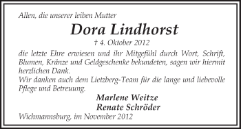 Traueranzeige von Dora Lindhorst von Uelzen