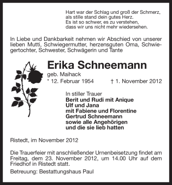 Traueranzeige von Erika Schneemann von Uelzen