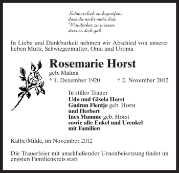 Traueranzeige von Rosemarie Horst von Uelzen