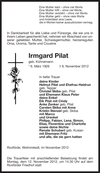 Traueranzeige von Irmgard Pilat von Uelzen