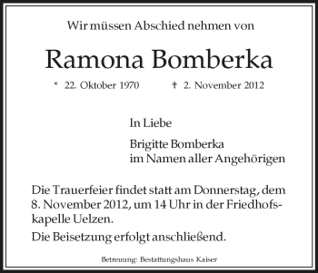 Traueranzeige von Ramona Bomberka von Uelzen