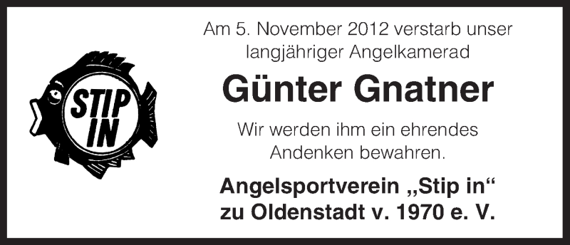  Traueranzeige für Günter Gnatner vom 10.11.2012 aus Uelzen