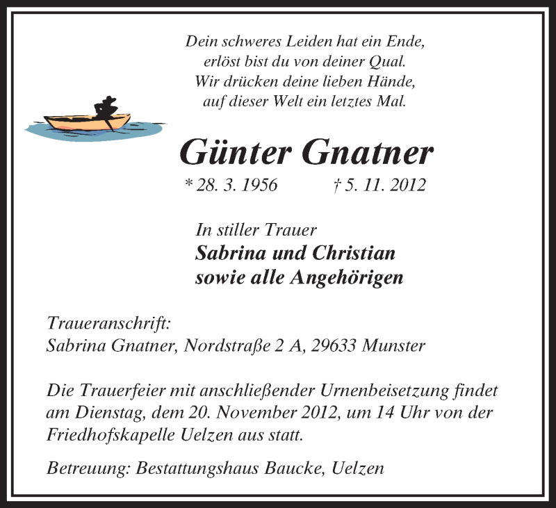  Traueranzeige für Günter Gnatner vom 10.11.2012 aus Uelzen