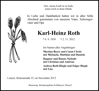 Traueranzeige von Karl-Heinz Roth von Uelzen