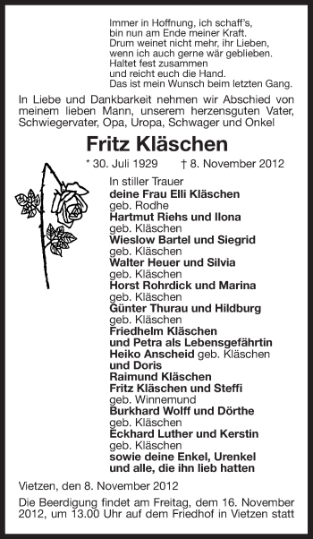 Traueranzeige von Fritz Kläschen von Uelzen