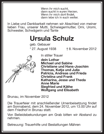 Traueranzeige von Ursula Schulz von Uelzen