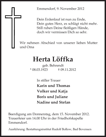 Traueranzeige von Herta Löffka von Uelzen