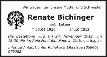 Traueranzeige von Renate Bichinger von Uelzen