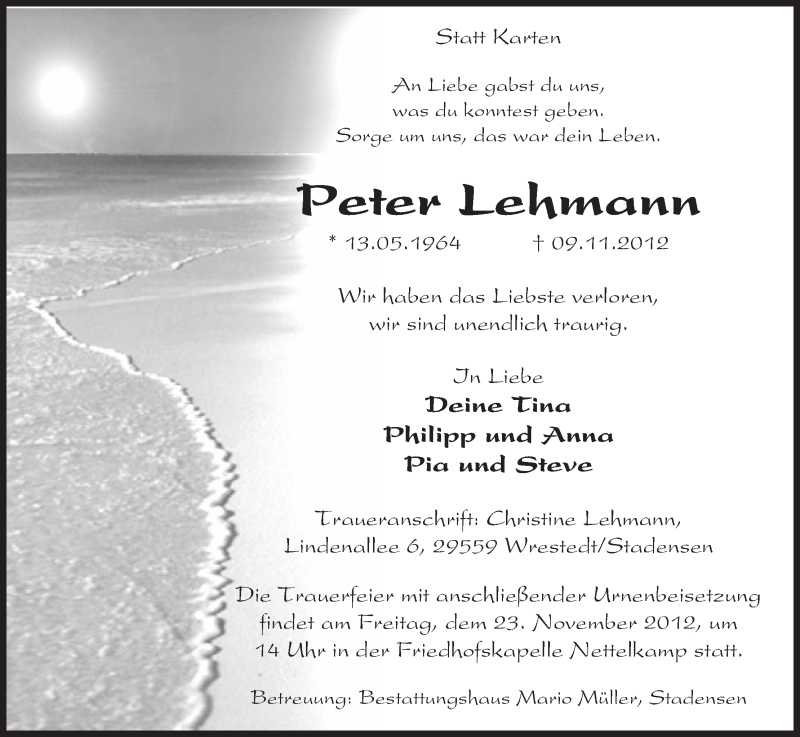  Traueranzeige für Peter Lehmann vom 17.11.2012 aus Uelzen