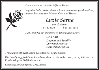 Traueranzeige von Luzie Sarna von Uelzen